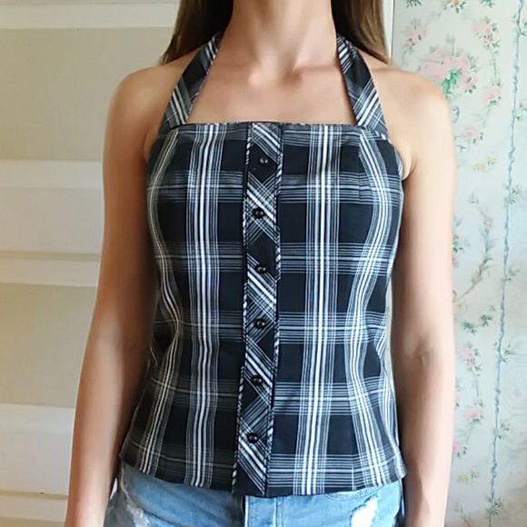White House Black Market Tops - Black and white plaid halter top